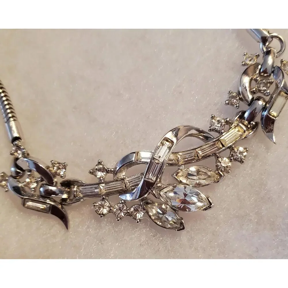 1940s Trifari Choker Necklace, Alfred Philippe Design, Baguette Rhinestones